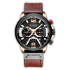 Curren watch with brown leather strap and black dial on a white background