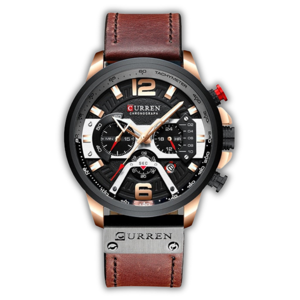 Curren watch with brown leather strap and black dial on a white background