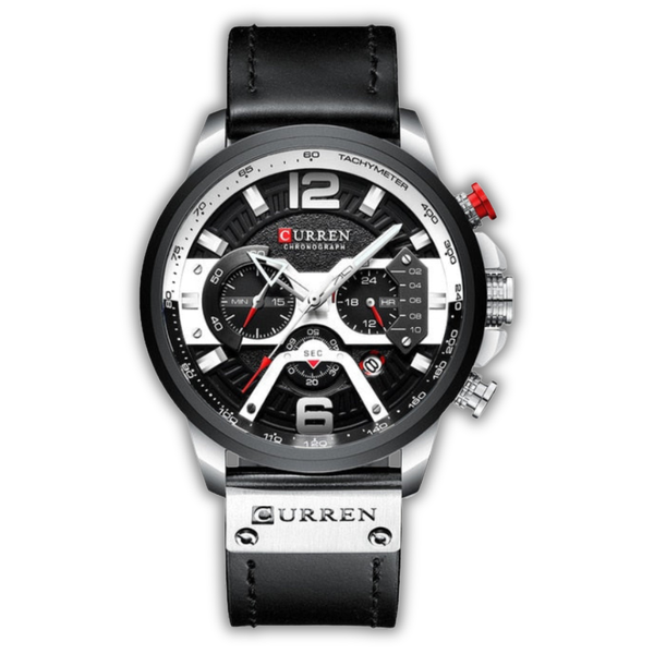 Curren watch with black leather strap and detailed face on a white background