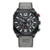 Wristwatch with gray strap and black dial on a white background