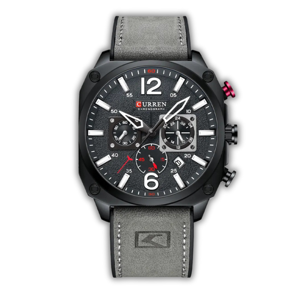 Wristwatch with gray strap and black dial on a white background
