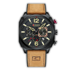 Wristwatch with brown leather strap and black dial on a white background