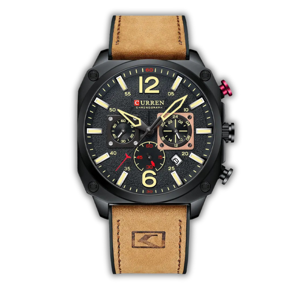 Wristwatch with brown leather strap and black dial on a white background