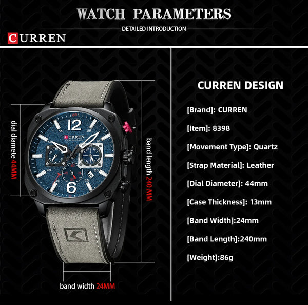 Curren watch with detailed specifications on a black background