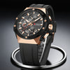Black and rose gold watch with 'Curren' brand on a dark background
