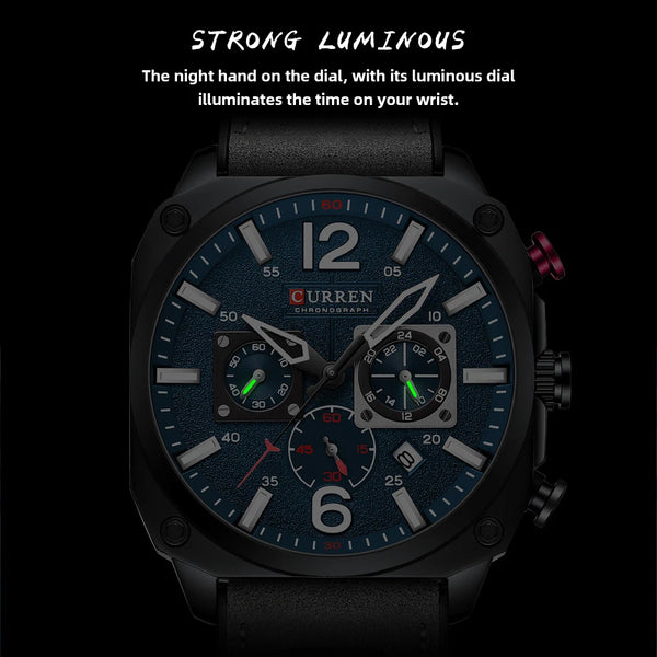 Curren watch with dark blue dial and black strap on a black background