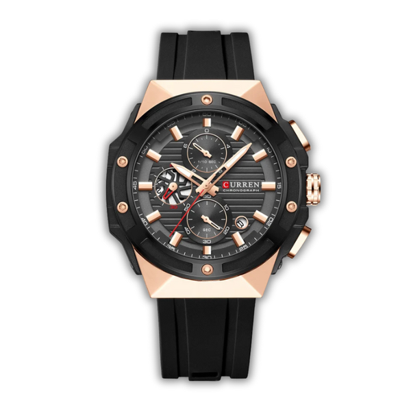 Black and rose gold watch with 'Curren' branding on a white background