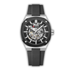 Black wristwatch with visible brand name on a white background
