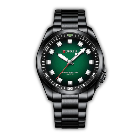 Curren watch with green dial and silver bracelet on white background