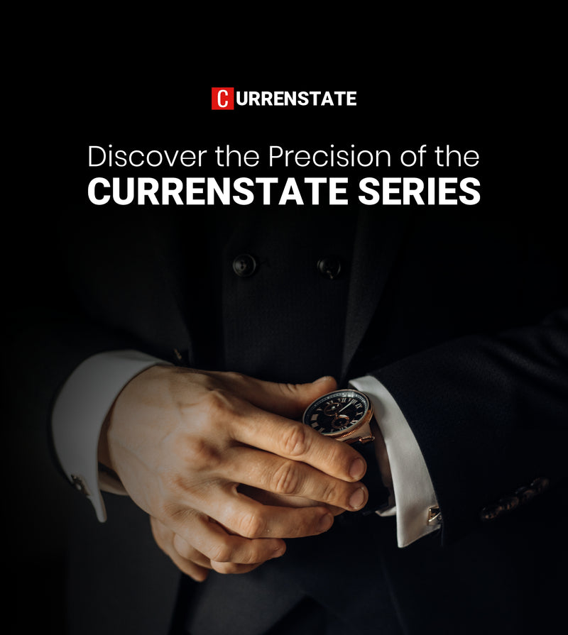 Currenstate advertisement with a person adjusting a watch, featuring the brand name.