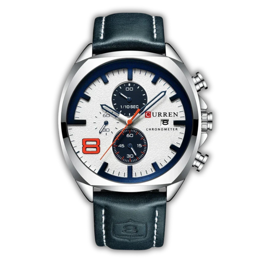 Curren watch with blue leather strap and white face on a white background