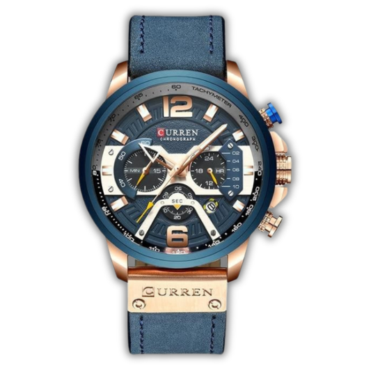 Blue and rose gold watch with 'Curren' branding on a white background