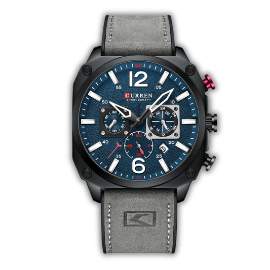 Wristwatch with gray strap and blue dial on a white background