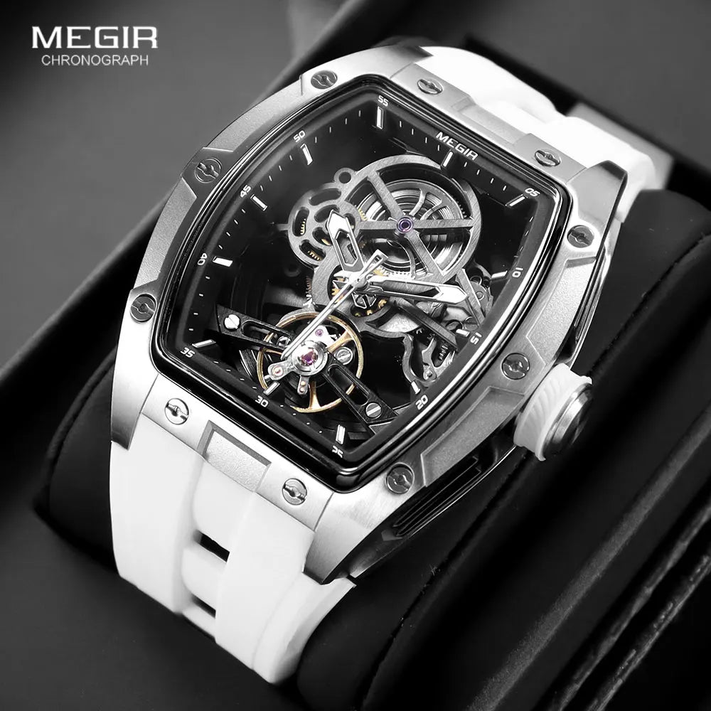 MEGIR chronograph watch with white strap on a dark background