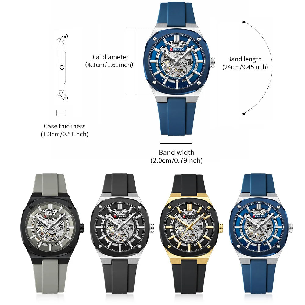 Collection of watches with detailed measurements on a white background