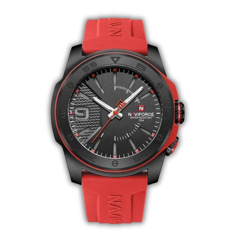 Wristwatch with red strap and black dial on a white background