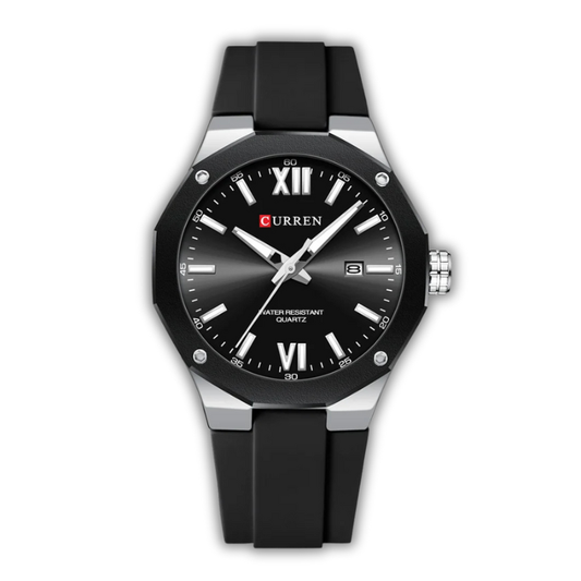 Black wristwatch with silver accents on a white background