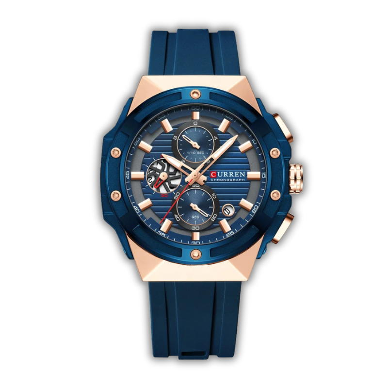Blue and rose gold watch with 'Curren' branding on a white background