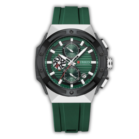 Green wristwatch with detailed face on a white background